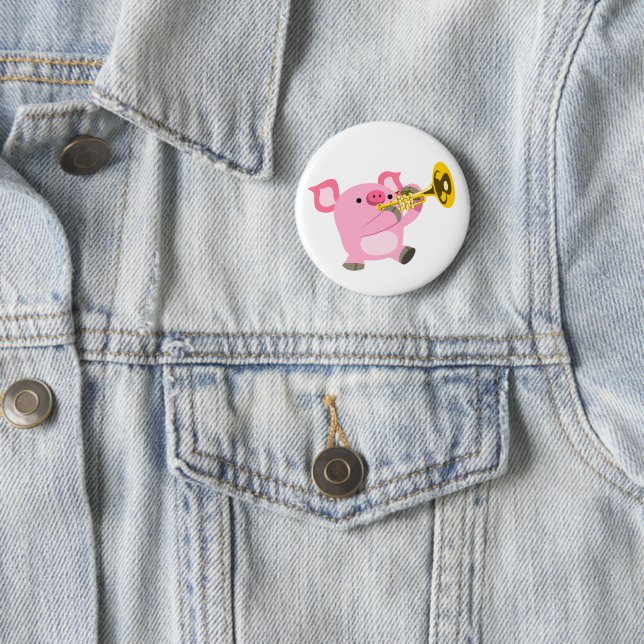 Cute Cartoon Pig Playing Trumpet Button Badge (In Situ)
