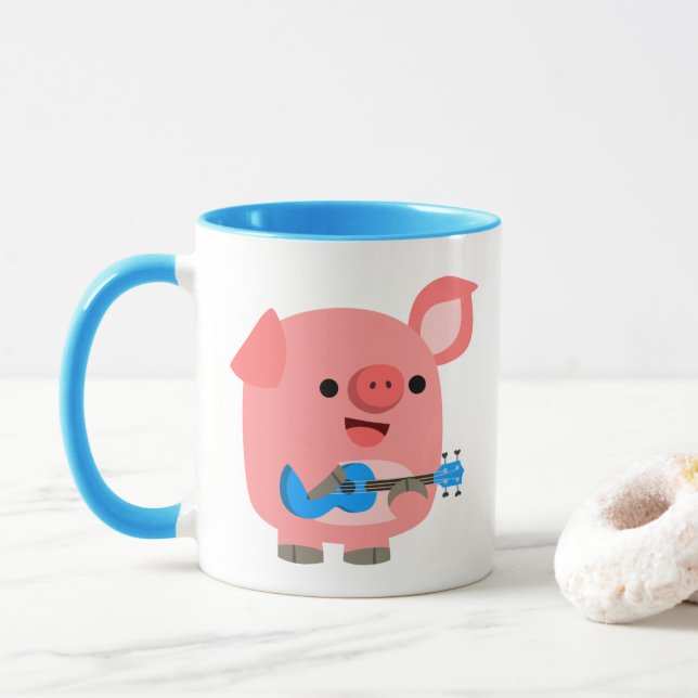 Cute Cartoon Pig Playing Ukulele Mug  (With Donut)