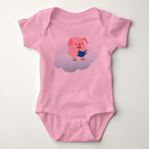 Cute Cartoon Pig Reader on Cloud Baby Bodysuit