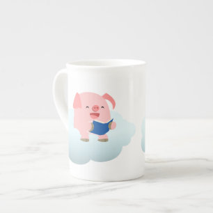 Cute Cartoon Pig Reader on Cloud Bone China Mug