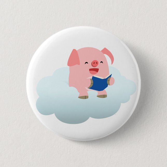 Cute Cartoon Pig Reader on Cloud Button Badge (Front)
