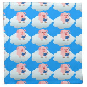 Cute Cartoon Pig Reader on Cloud Cloth Napkins