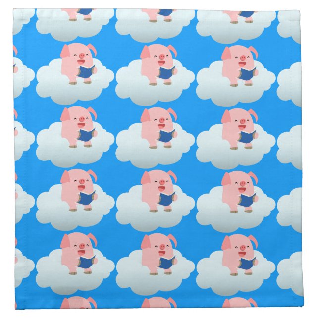 Cute Cartoon Pig Reader on Cloud Cloth Napkins (Front)
