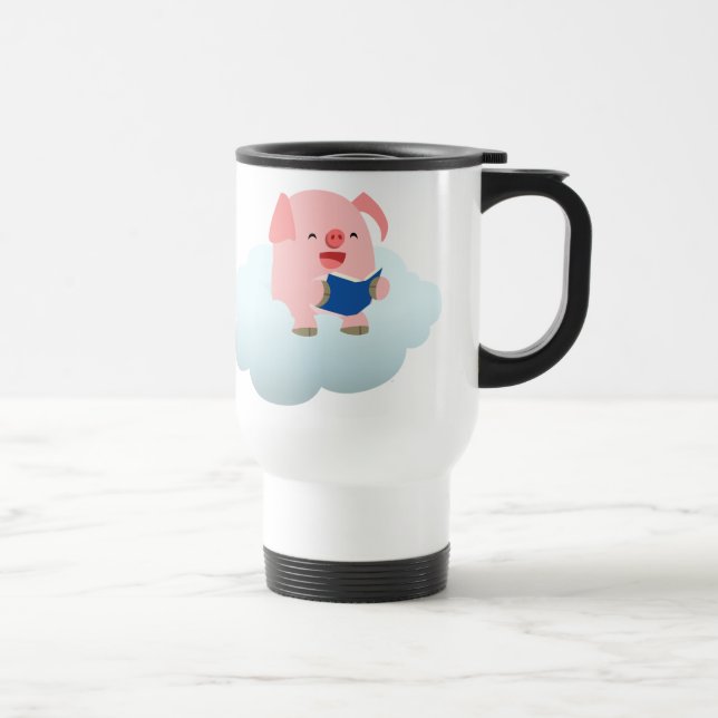 Cute Cartoon Pig Reader on Cloud Commuter Mug (Right)