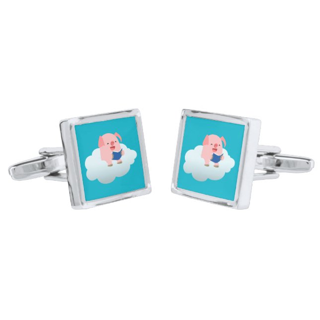 Cute Cartoon Pig Reader on Cloud Cufflinks (Angled)