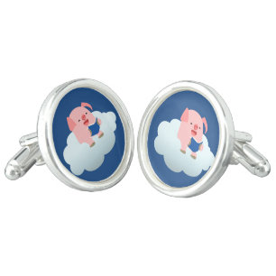 Cute Cartoon Pig Reader on Cloud Cufflinks