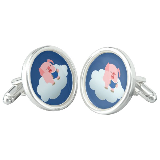 Cute Cartoon Pig Reader on Cloud Cufflinks (Angled)