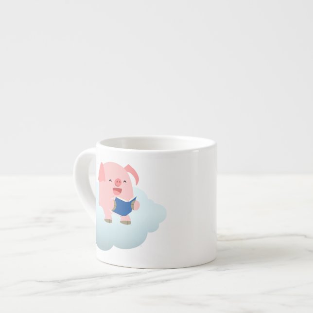 Cute Cartoon Pig Reader on Cloud Espresso Mug (Front Left)