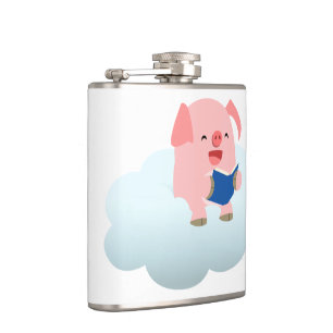 Cute Cartoon Pig Reader on Cloud Hip Flask