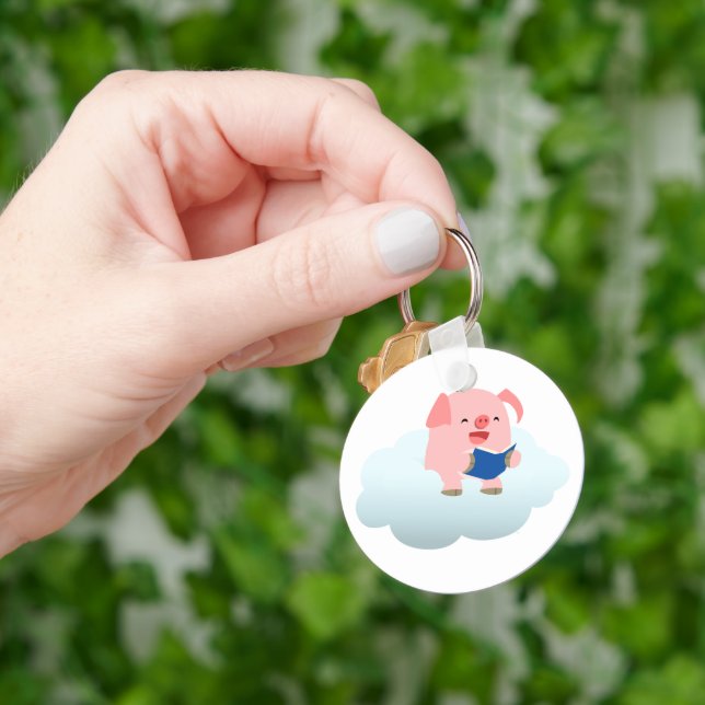 Cute Cartoon Pig Reader on Cloud Keychain (Hand)