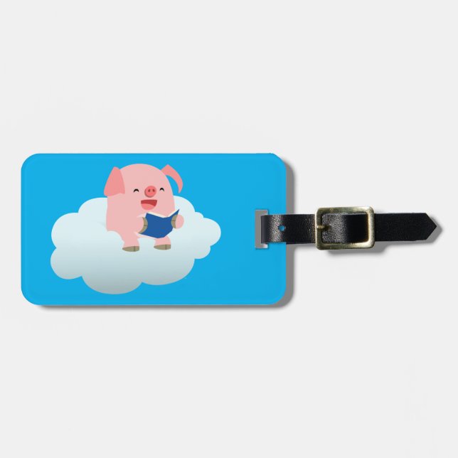 Cute Cartoon Pig Reader on Cloud Luggage Tag (Front Horizontal)