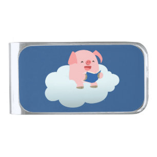 Cute Cartoon Pig Reader on Cloud Money Clip