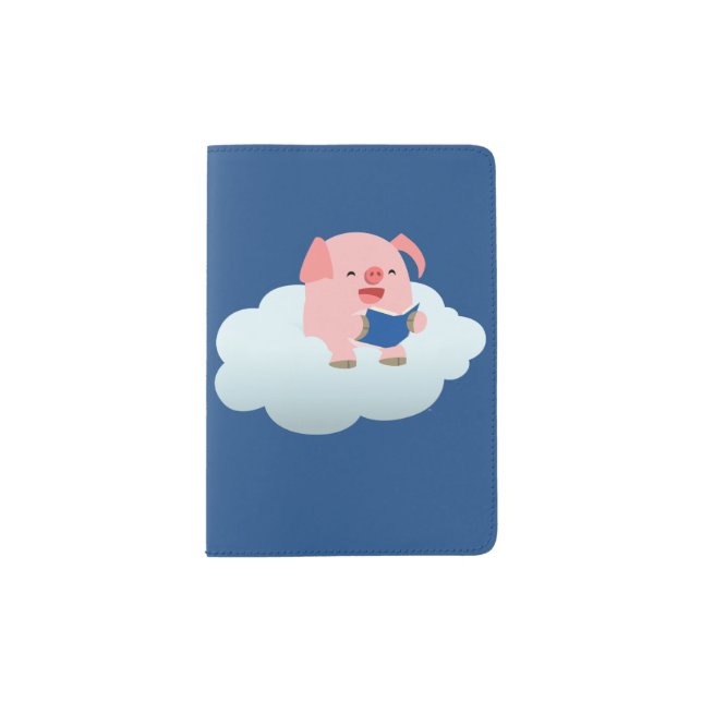 Cute Cartoon Pig Reader on Cloud Passport Cover (Front)