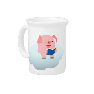 Cute Cartoon Pig Reader on Cloud Pitcher
