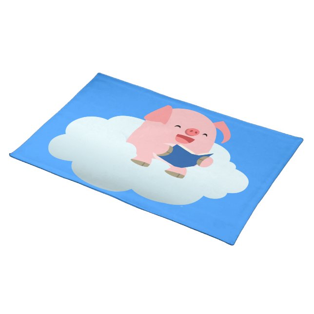 Cute Cartoon Pig Reader on Cloud Place Mat (On Table)