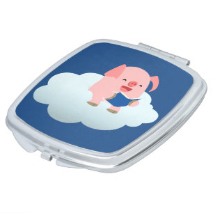 Cute Cartoon Pig Reader on Cloud Pocket Mirror