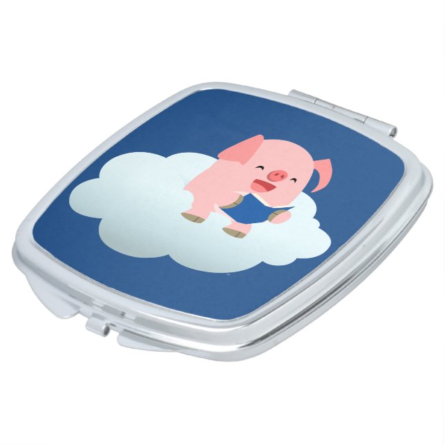 Cute Cartoon Pig Reader on Cloud Pocket Mirror (Turned)