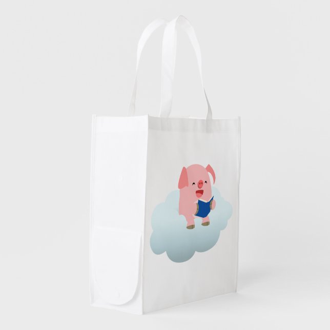 Cute Cartoon Pig Reader on Cloud Reusable Bag (Front Side)