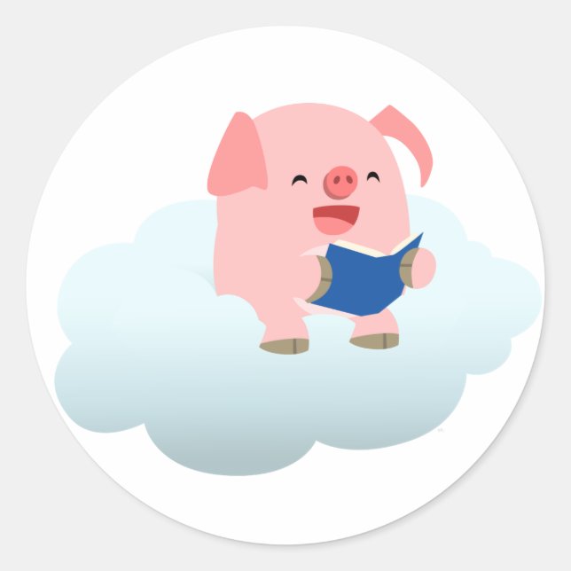 Cute Cartoon Pig Reader on Cloud Sticker (Front)