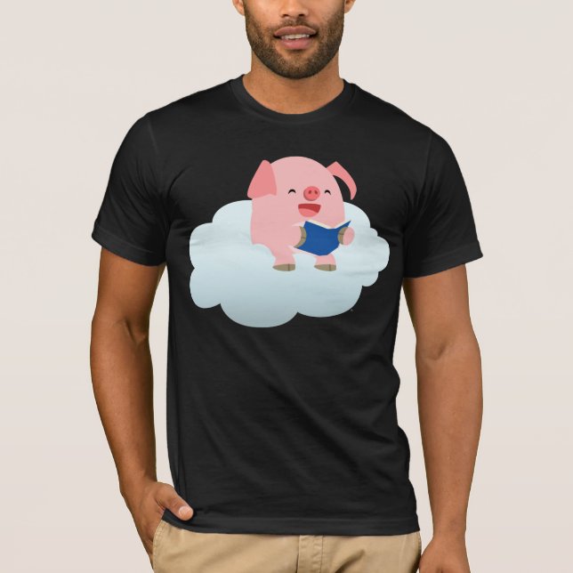 Cute Cartoon Pig Reader on Cloud T-Shirt (Front)