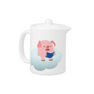 Cute Cartoon Pig Reader on Cloud Teapot