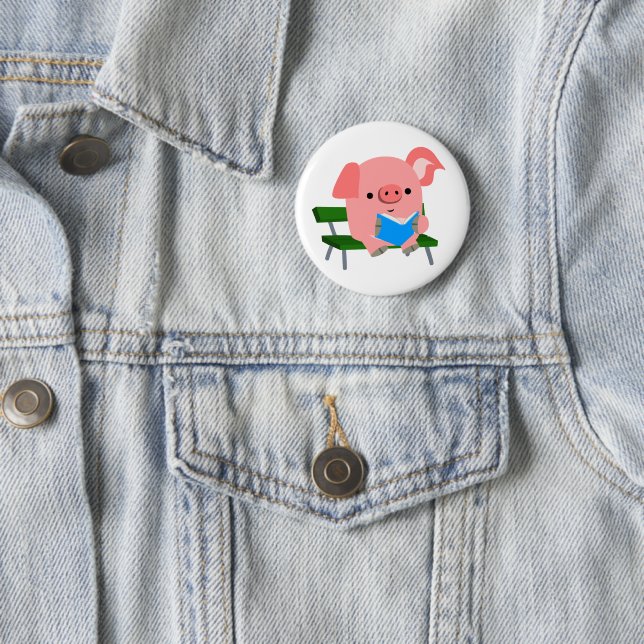 Cute Cartoon Pig Reading on a Bench Button Badge (In Situ)