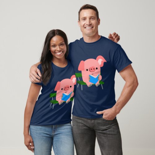 Cute Cartoon Pig Reading on a Bench T_Shirt