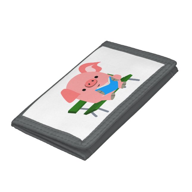 Cute Cartoon Pig Reading on a Bench Wallet (Bottom)