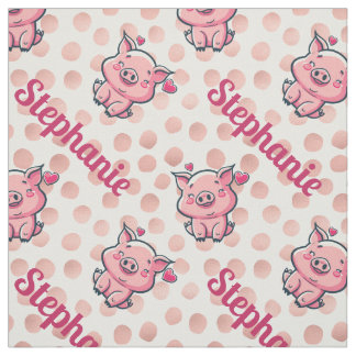 Cute Cartoon Pig, Rose Gold Dots and Custom Name Fabric