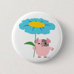 Cute Cartoon Pig With Gift (Blue) Button Badge