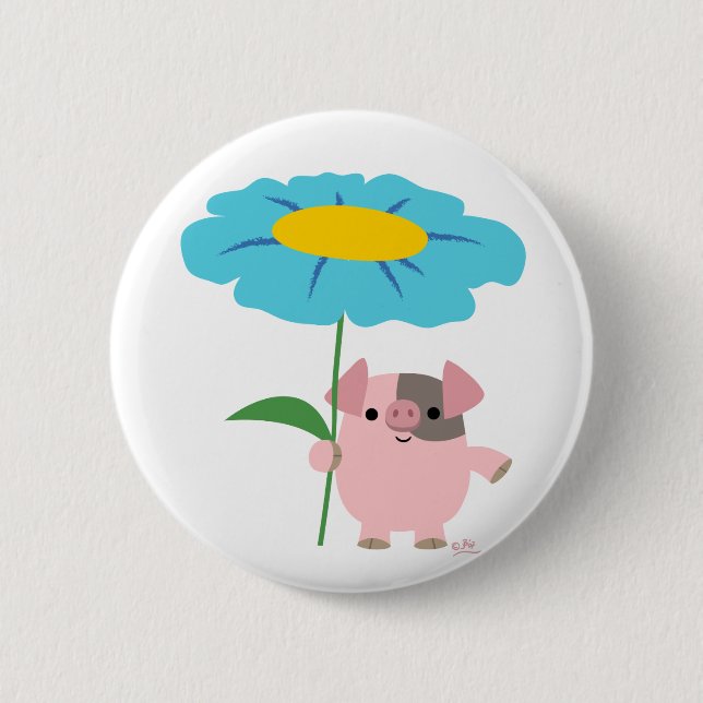 Cute Cartoon Pig With Gift (Blue) Button Badge (Front)