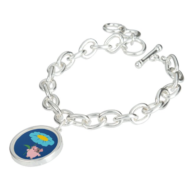 Cute Cartoon Pig With Gift (Blue) Charm Bracelet (Side)