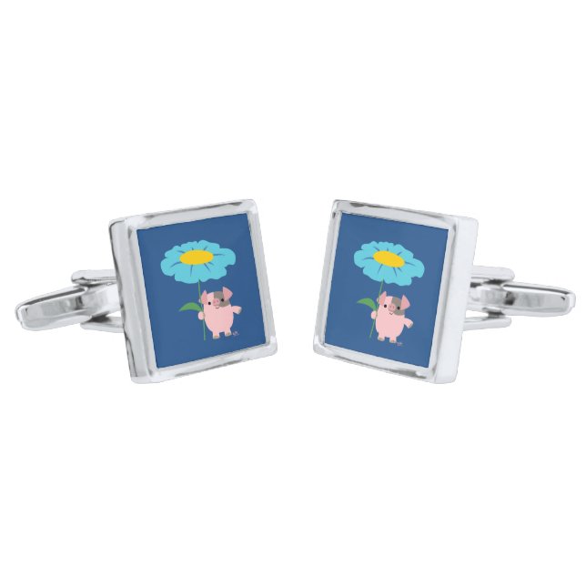 Cute Cartoon Pig With Gift (Blue) Cufflinks (Angled)