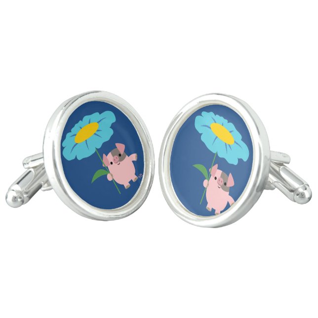 Cute Cartoon Pig With Gift (Blue) Cufflinks (Angled)