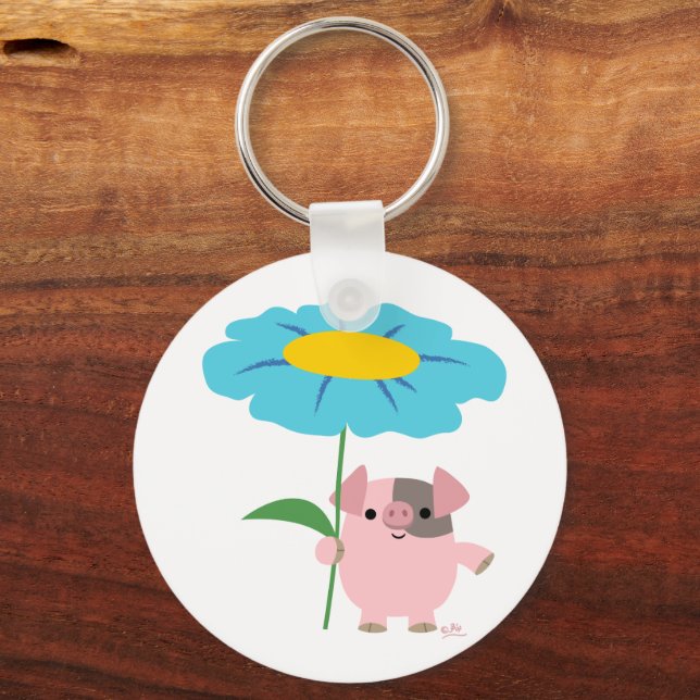 Cute Cartoon Pig With Gift (Blue) Keychain (Front)