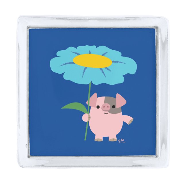 Cute Cartoon Pig With Gift (Blue) Lapel Pin (Front)