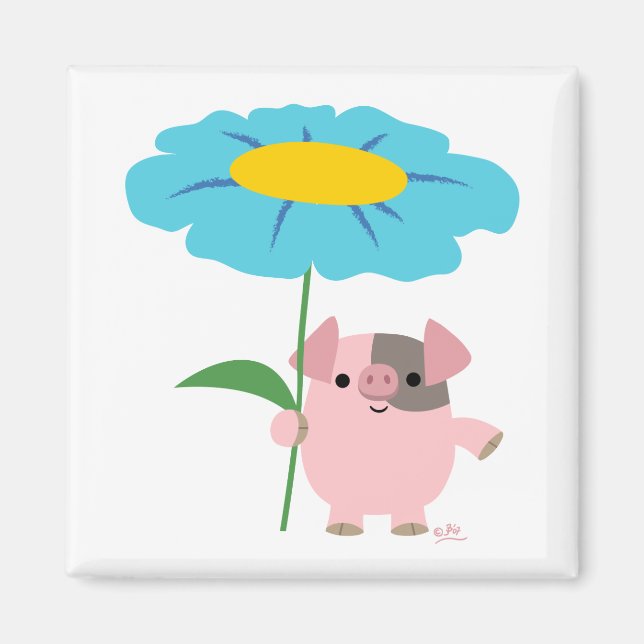 Cute Cartoon Pig With Gift (Blue) Magnet (Front)