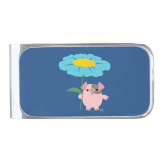 Cute Cartoon Pig With Gift (Blue) Money Clip