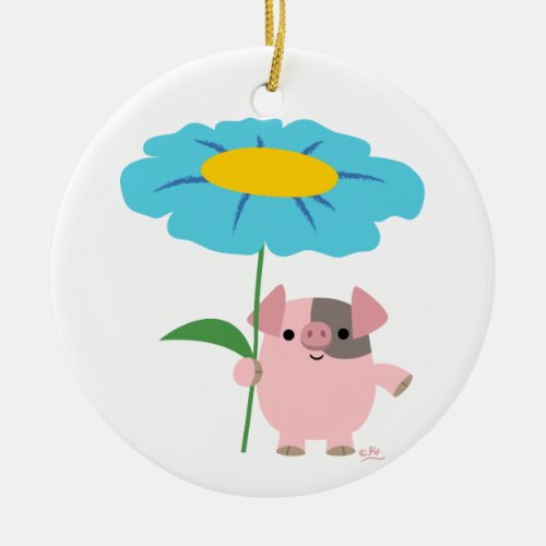 Cute Cartoon Pig With Gift Blue Ornament
