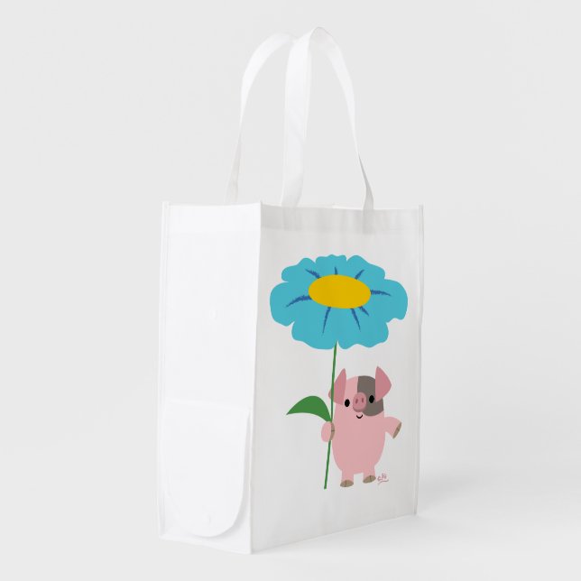 Cute Cartoon Pig With Gift (Blue) Reusable Bag (Front Side)