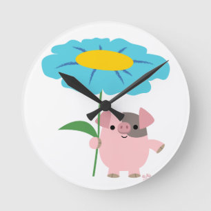Cute Cartoon Pig With Gift (Blue) Wall Clock