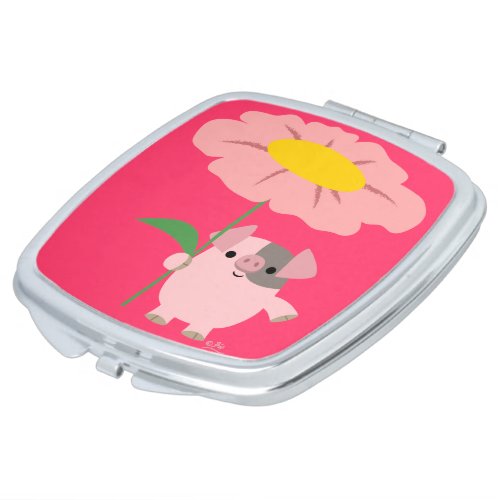 Cute Cartoon Pig With Gift Pink Compact Mirror