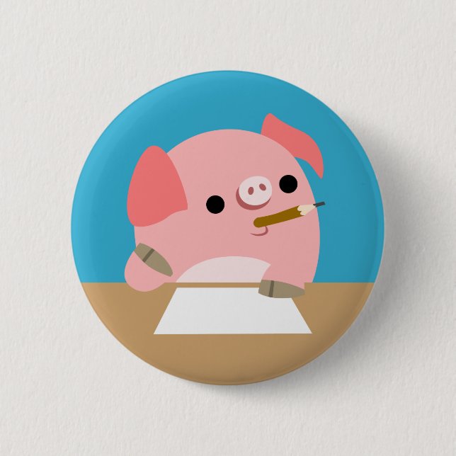 Cute Cartoon Pig "Writer's Block" Button Badge (Front)