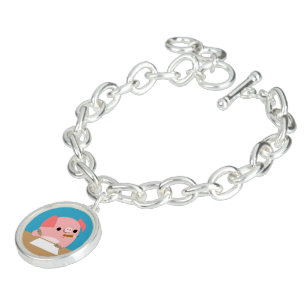 Cute Cartoon Pig "Writer's Block" Charm Bracelet