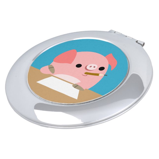 Cute Cartoon Pig "Writer's Block" Compact Mirror (Turned)