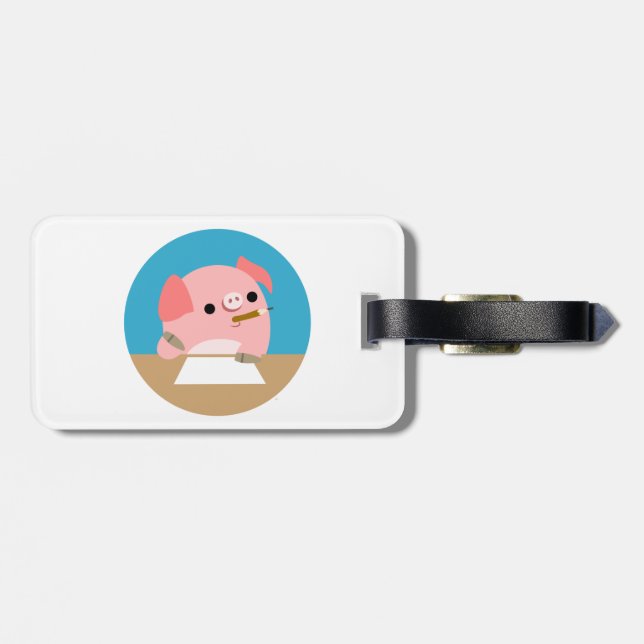 Cute Cartoon Pig "Writer's Block" Luggage Tag (Back Horizontal)