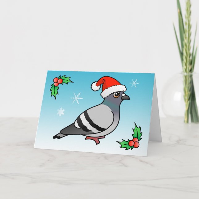 Cute Cartoon Pigeon Santa Holiday Card (Front)