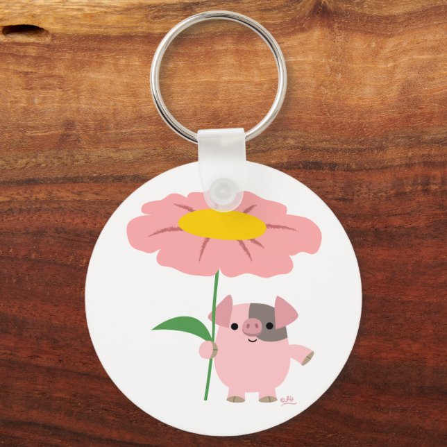 Cute Cartoon Piglet With Gift (Pink) Keychain (Front)