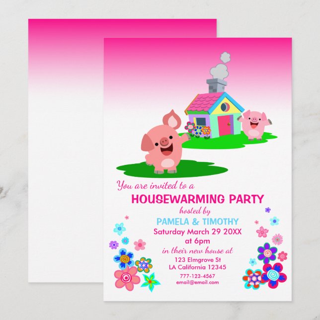 Cute Cartoon Pigs' Housewarming Party Invitation (Front/Back)