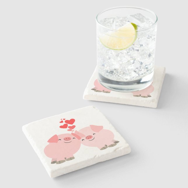 Cute Cartoon Pigs in Love Stone Coaster (Side)
